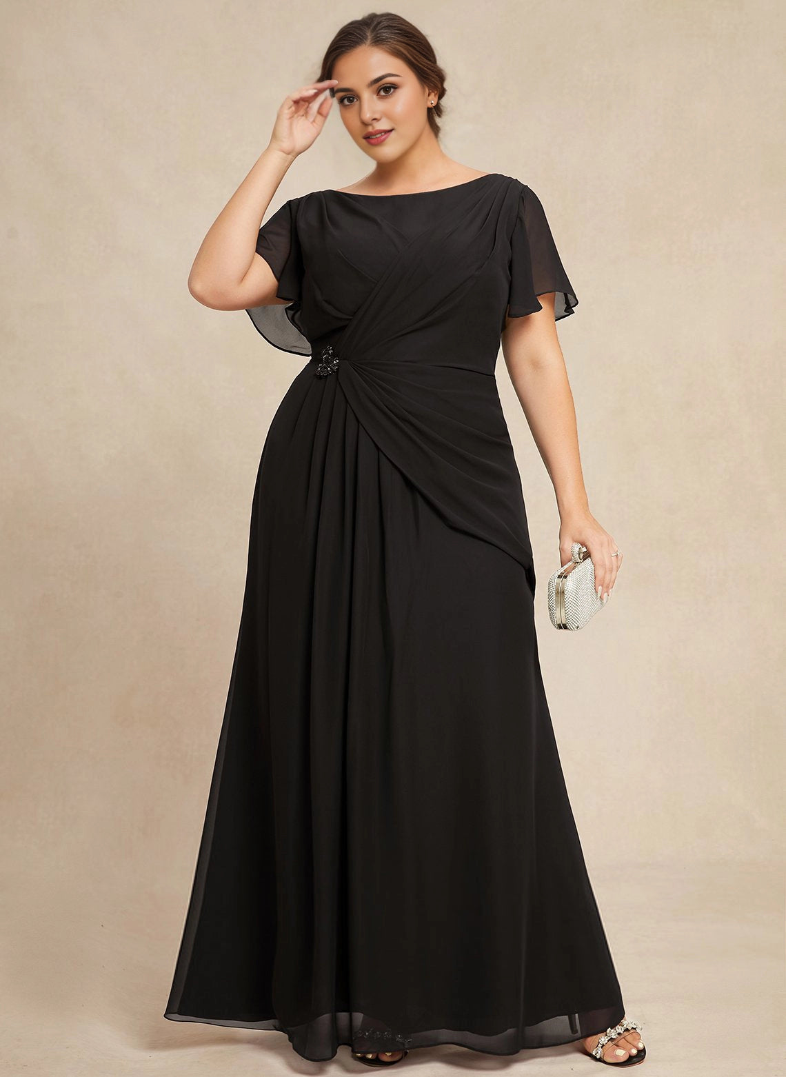 Elegant A-line Bateau Flutter Sleeve Zipper-Back Maxi plus size Mother Of Bride Dress