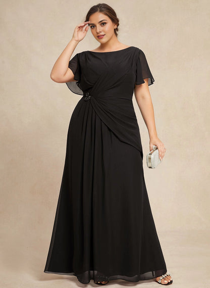 Elegant A-line Bateau Flutter Sleeve Zipper-Back Maxi plus size Mother Of Bride Dress