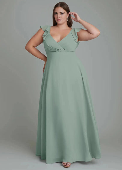 Burgundy Plus Size Chiffon A-Line V-Neck Ruffled Open Back Maxi Bridesmaid Dress