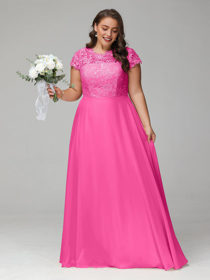 Elegant A‑Line Scalloped Neck Cap Sleeve Keyhole Back Floor Length Plus Size Mother Of The Bride Dress
