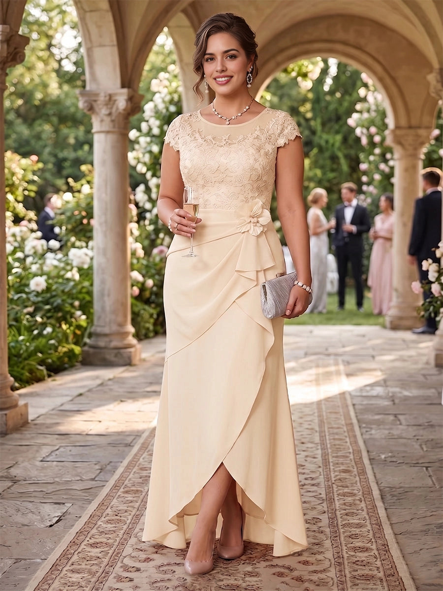 Graceful Mermaid Round Neck Lace Cap Sleeve Sheer V Back High Low Blush Chiffon Plus Size Mother Of The Bride Dress