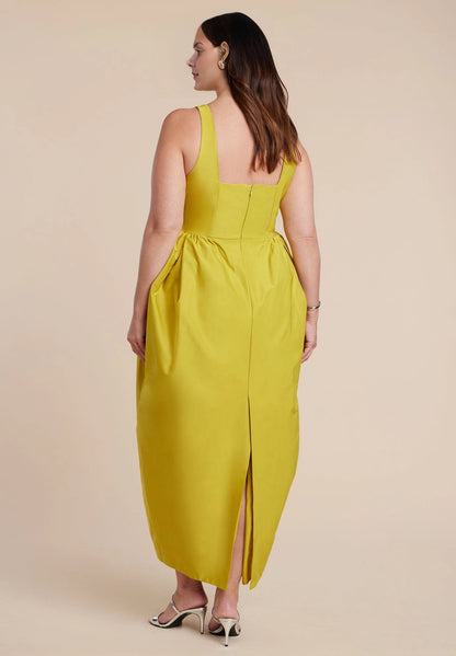 Roselle Dress plus size square back zipper back slit mustard midi wedding guest formal dress back view