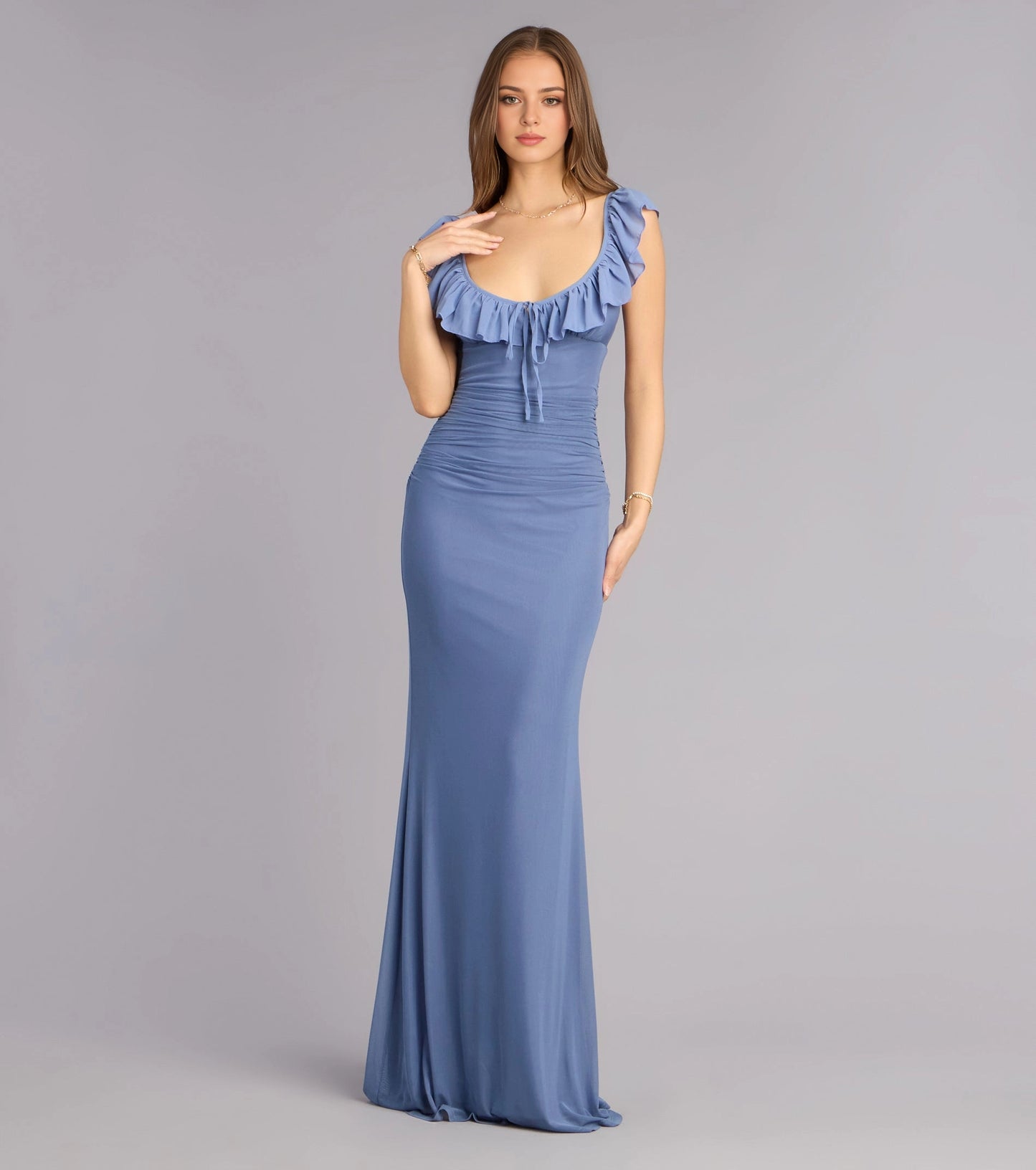 Roselledress dusty blue mermaid bridesmaid gown ruffle strap u neck ruched waist long formal prom dress
