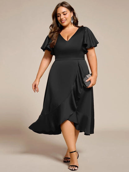 Roselledress Sage Green Wrap V-Neck Flutter Sleeve Zip Back Midi Plus Size Weeding Guest Dress