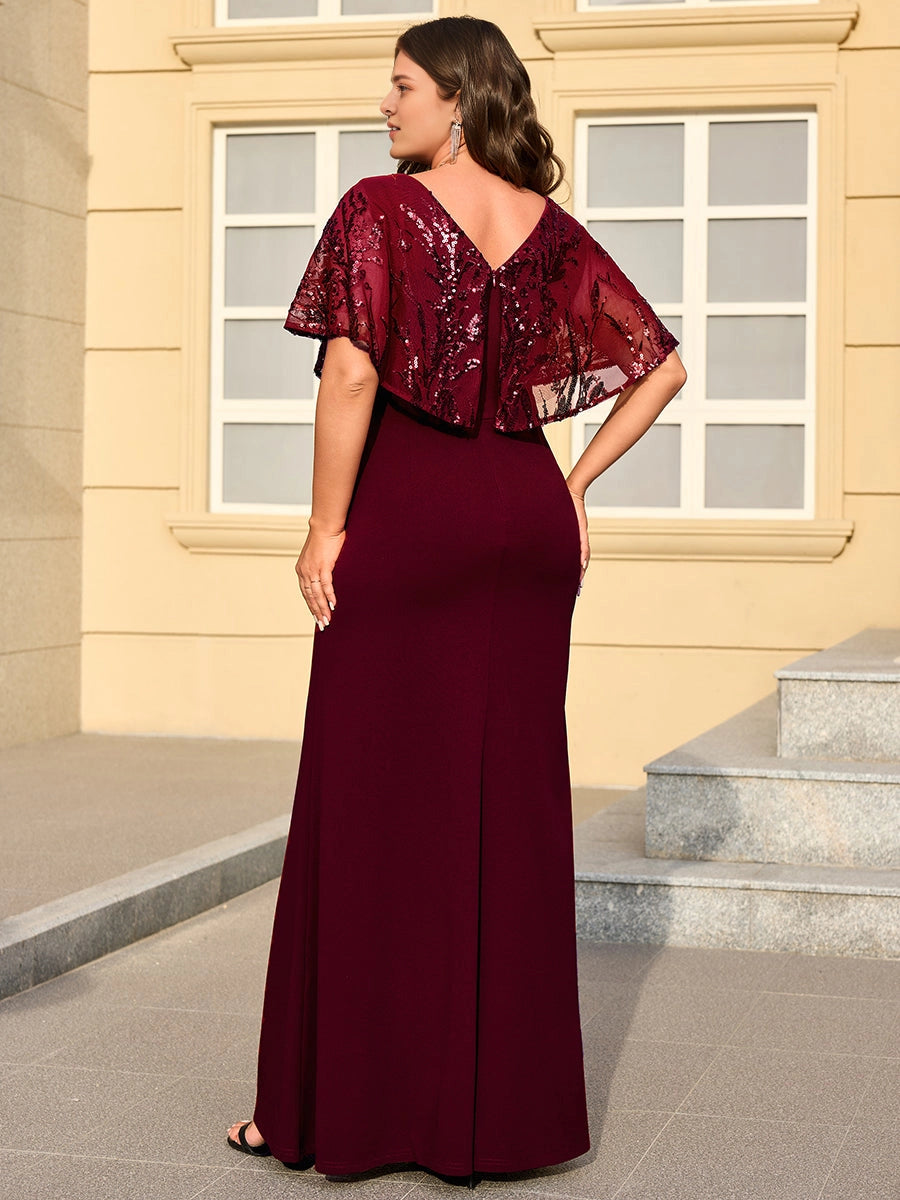roselledress wine red plus size evening dress sequin cape sleeve v open invisible zip back floor-length mother of bride maxi gown back view
