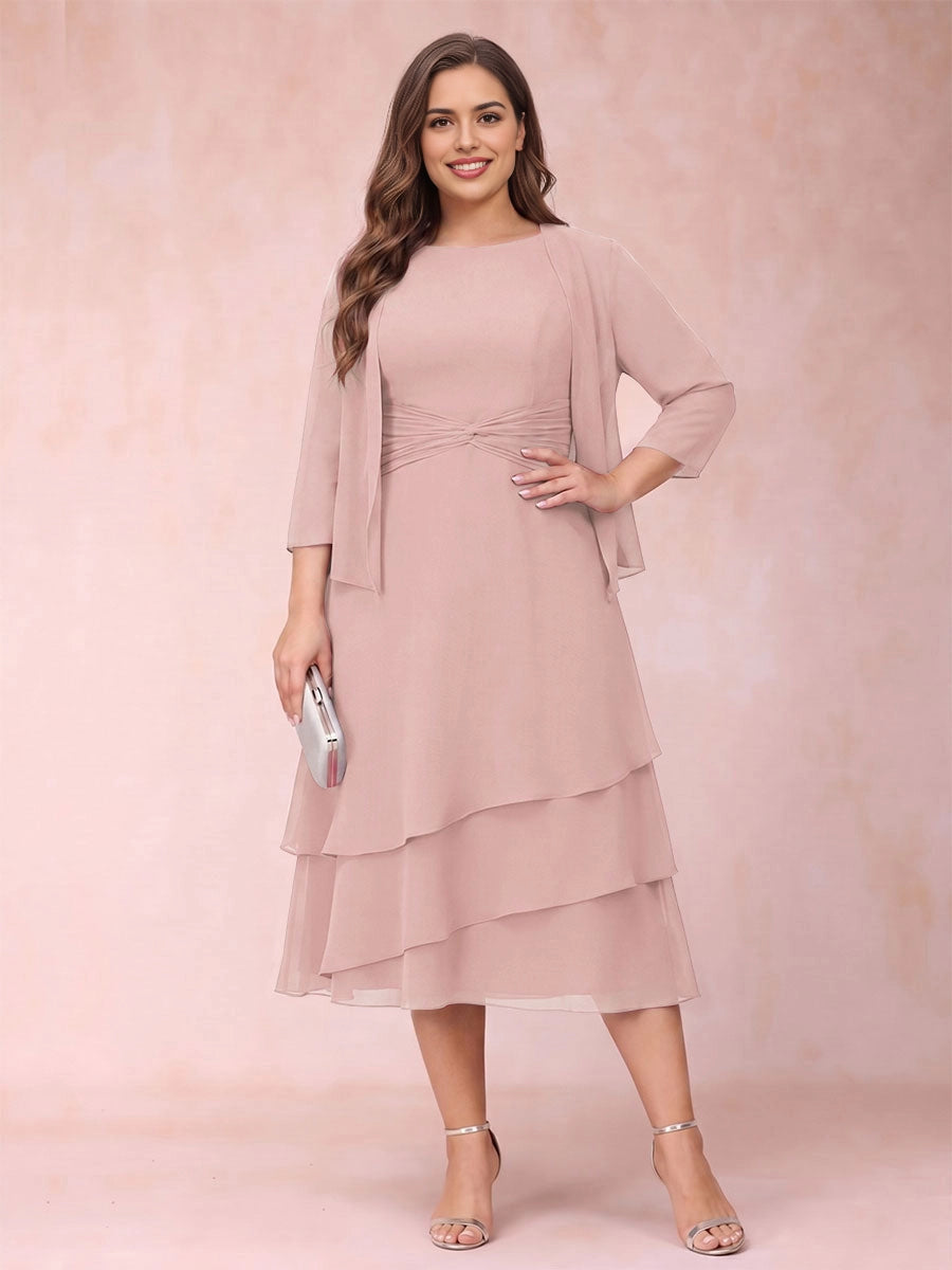 Modest A‑Line Round Neck Sleeveless 3/4 Sleeve Jacket Solid Back Tea‑Length Royal Blue Chiffon Plus Size Mother Of The Bride Dress