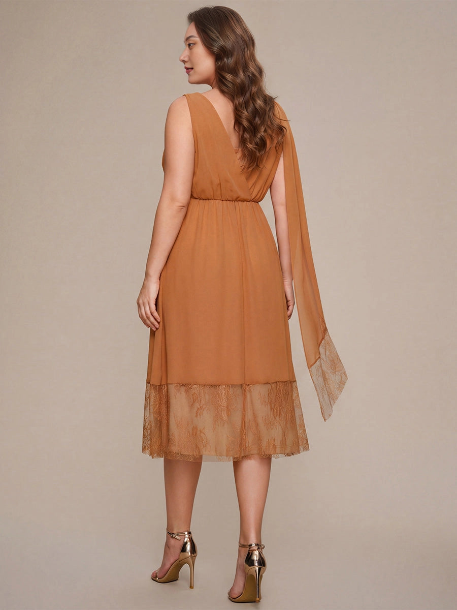 Roselledress plus size chiffon midi dress back view, wrap v-back floating sash caramel wedding guest dress