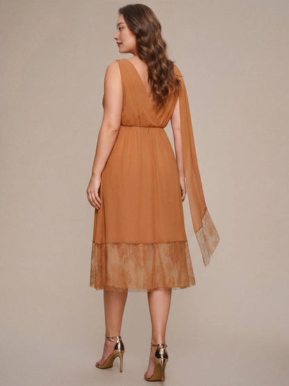Roselledress plus size chiffon midi dress back view, wrap v-back floating sash caramel wedding guest dress