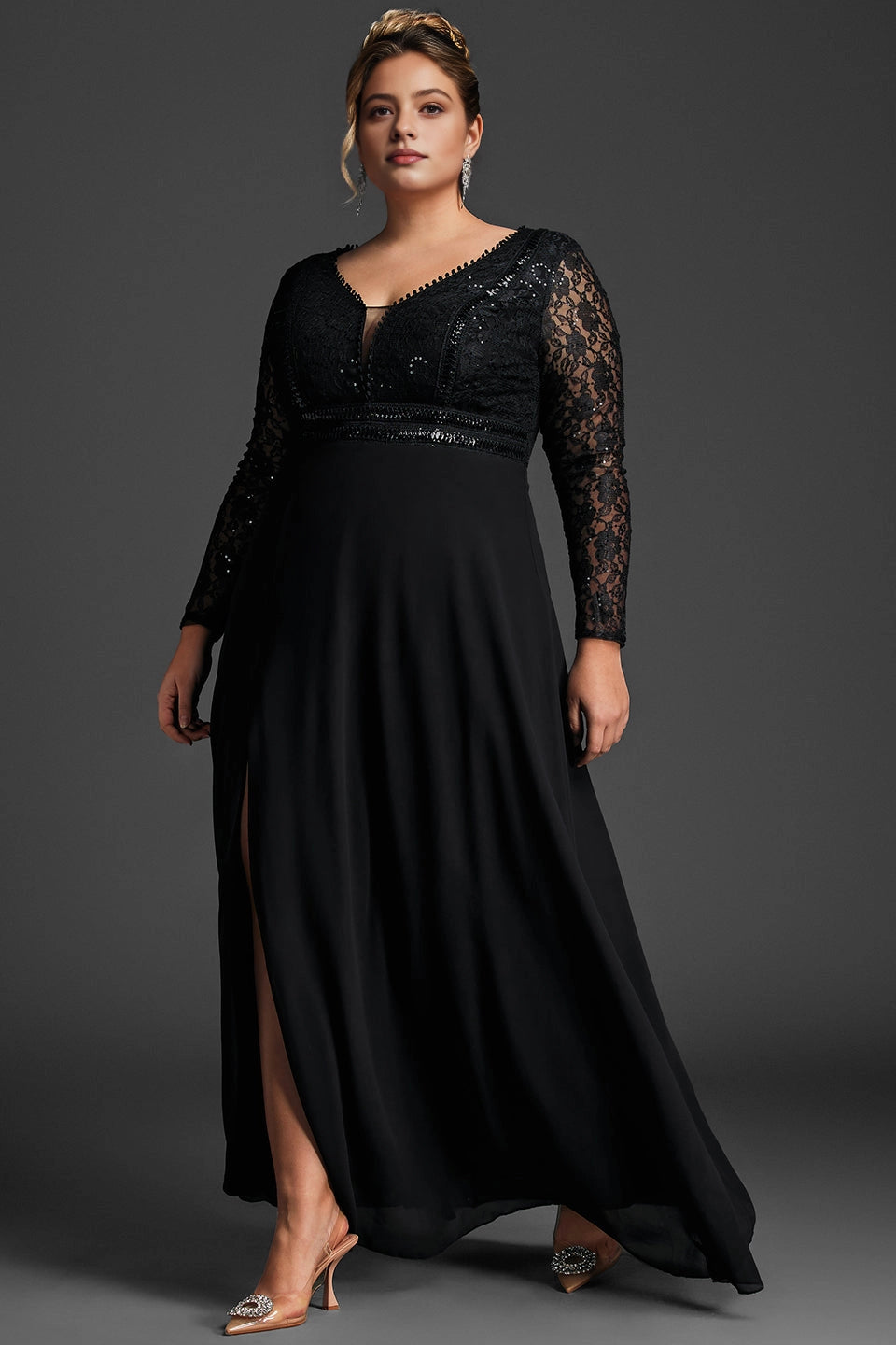 Glamorous A-Line Deep-V Long-Sleeve Solid-Back Slit Floor-Length Plus Size Mother Of Bride Dress