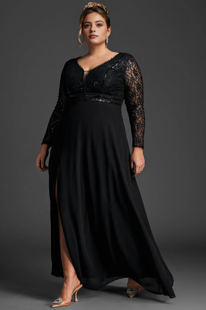 Glamorous A-Line Deep-V Long-Sleeve Solid-Back Slit Floor-Length Plus Size Mother Of Bride Dress
