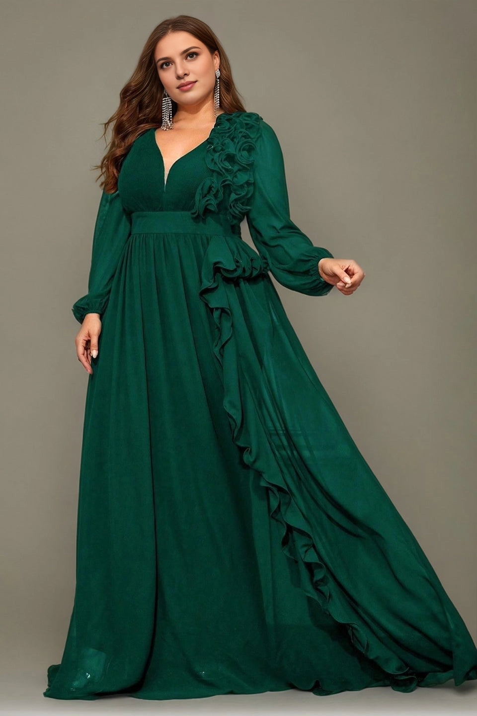 Plus Size Burgundy A Line V Neck Long Sleeve V‑Zip Back Long Prom Dress