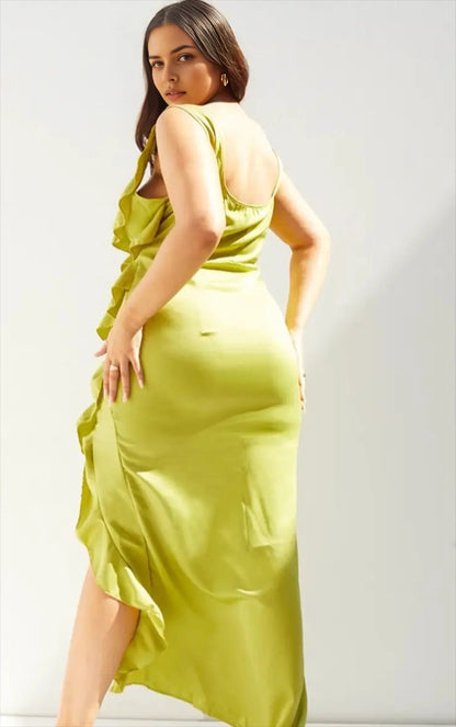 Roselledress plus size lime green satin ruffle wedding guest dress back view