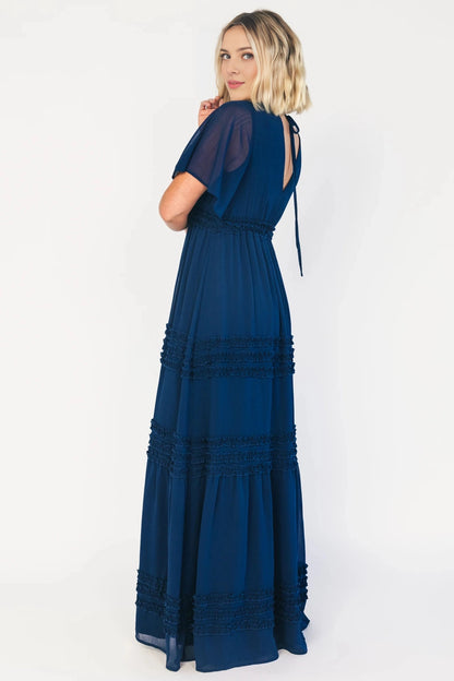 Modest A-Line V-Neck Flutter-Sleeve Tie-Back Floor-Length Mother Of The Bride Dress