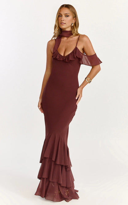 Fitted Mermaid V Neck Off Shoulder Strap Tie Back Tiered Chiffon Plus Size Wedding Guest Dress