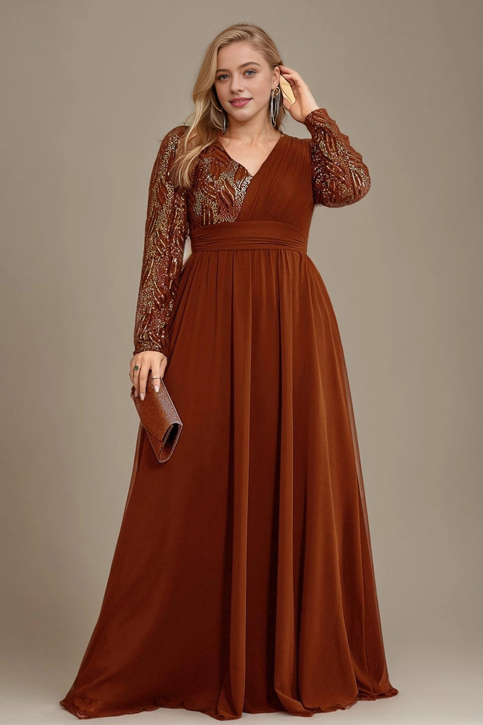 Roselledress Brown sequin chiffon plus size mother gown wrap v neck long sleeve maxi dress front photo
