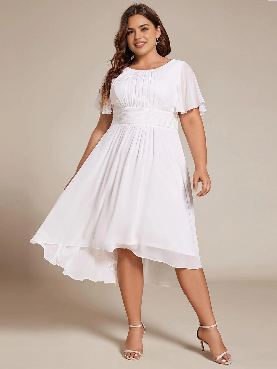 Roselledress Burgundy Round Neck Flutter Sleeve Zip Back High-Low Midi Plus Size Weeding Guest Dress
