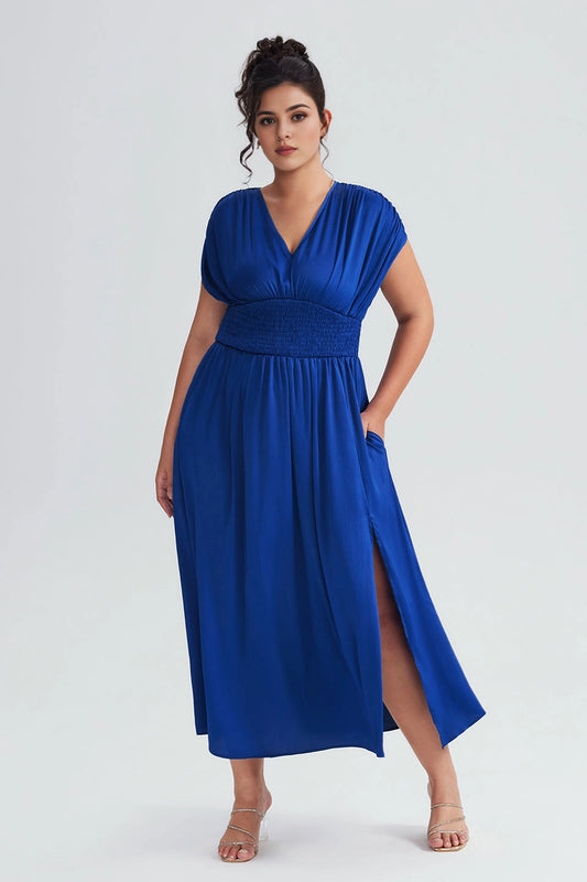 Roselledress plus size royal blue satin midi prom dress v neck cap sleeve side slit front view