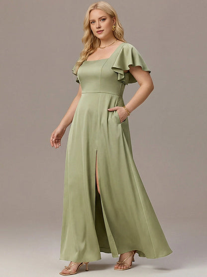 A-Line Square Neck Flutter Sleeve Tie Back Slit Floor Length Plus Size Satin Bridesmaid Dress