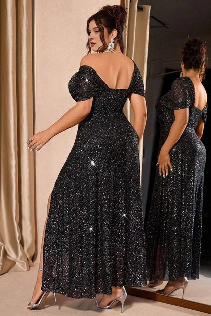 Glamorous Plus Size Sheath Off-the-Shoulder Long Evening Dress