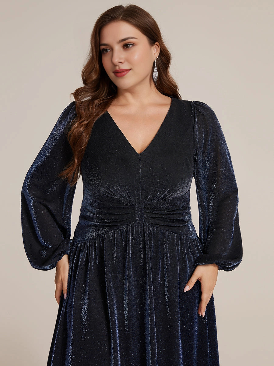Roselledress Navy Glitter A Line V Neck Long Sleeve Plain Back Maxi Length Plus Size Wedding Guest Dress 