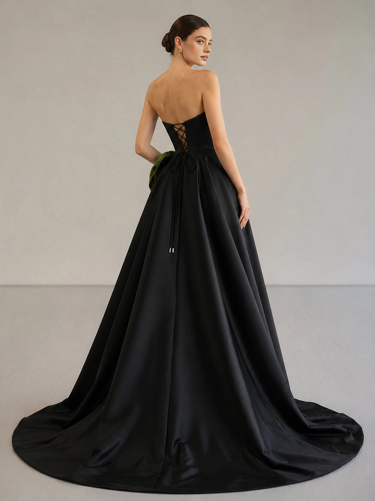 Roselledress Structured Satin Aline Strapless Floral Corset LaceUpBack Train Plus Size Prom Dress