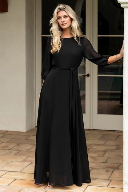 Flowy A-line Round Neck 3/4 Sleeve Keyhole-Back Maxi Mother Of Bride Dress