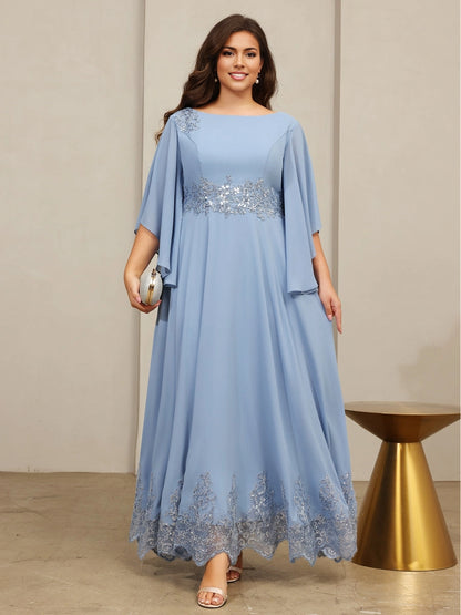 Graceful A‑Line Bateau Cape‑Sleeve V‑Back Zip‑Back Floor‑Length Plus Size Mother of the Bride Dress
