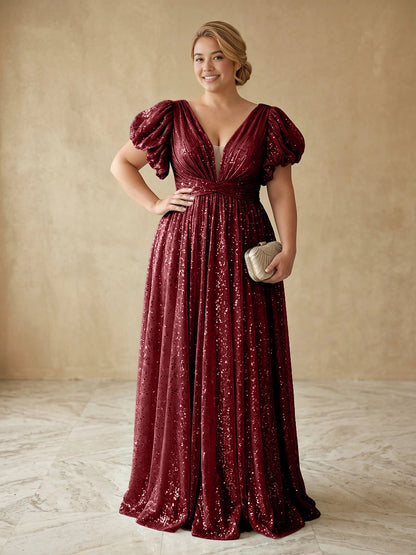Glamorous A-Line Deep V Puff Sleeve V-Back Floor Length Plus Size Prom Dress