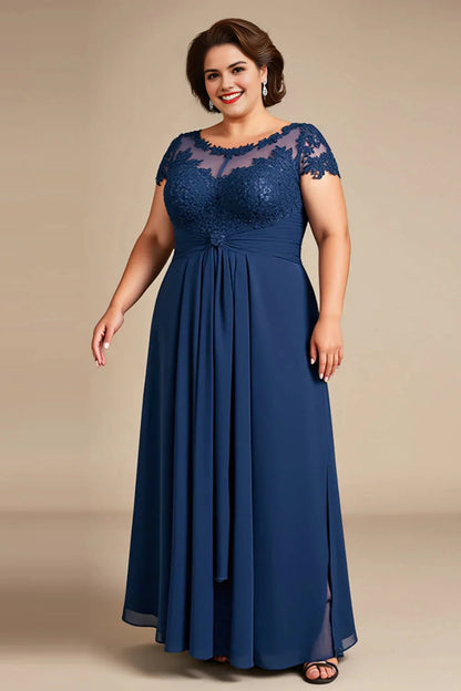 Elegant A‑Line Illusion Neck Cap‑Sleeve Illusion‑Back Floor‑Length Plus Size Mother Of The Bride Dress