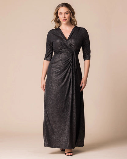 Champagne Plus Size Shimmer Twist‑Front 3/4 Sleeve Maxi Wedding Guest Dress