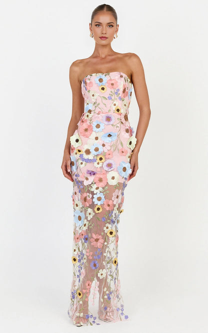 Mermaid Strapless Back Zipper 3D Floral Mesh Plus Size Wedding Guest Dress