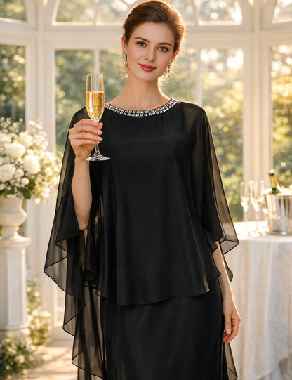 Black Straight Jewel‑Neck Cape‑Sleeve Closed‑Back Floor‑Length Mother Of The Bride Dress