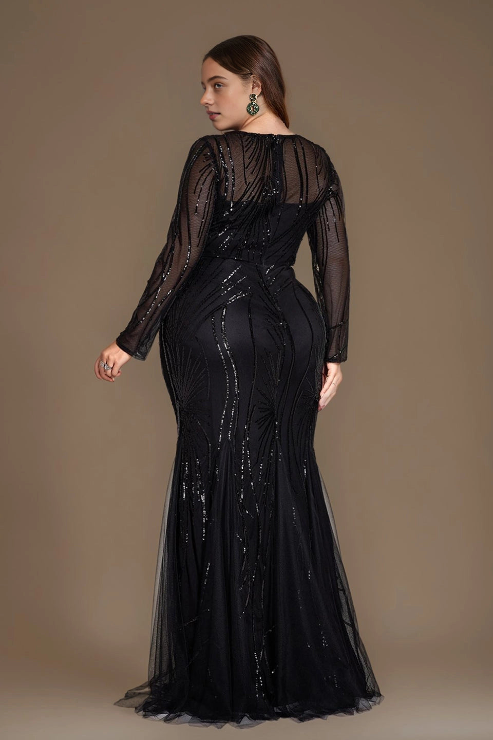 Glam Plus Size Mermaid Round-Neck Long-Sleeve V-Back Train-Length Mother Of Bride Dress