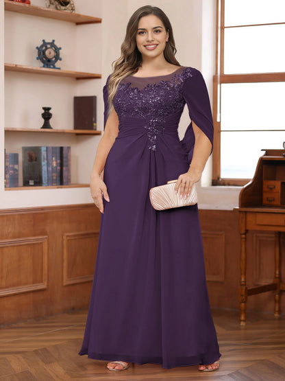 RoselleDress Dusty Rose A‑Line Illusion Round Neck Cape Sleeve Keyhole Back Plus Size Mother Of The Bride Dress