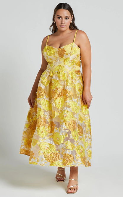 Spaghetti Strap Floral Jacquard Midi Plus Size Wedding Guest Dress