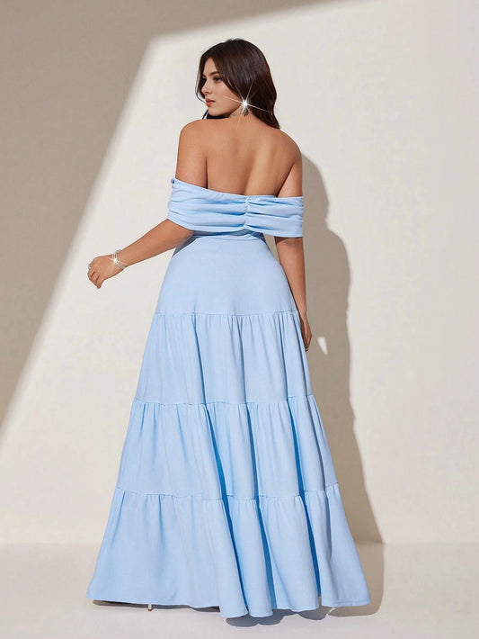 Roselledress plus size evening gown elastic ruched open back sky blue tiered formal dress rear view