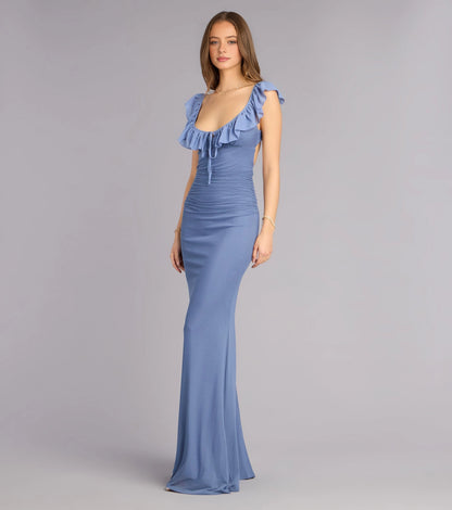 Blue Mermaid Square Neck Ruffle Tie Back Long Prom Dress