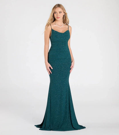 Roselledress Sparkle Mermaid Cowl Spaghetti Strap Zip-Back Train Maxi Plus Size Prom Dress