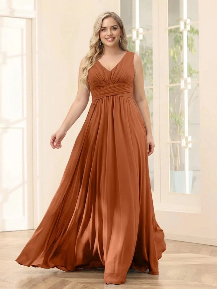 roselledress terracotta plus size bridesmaid dress sleeveless v‑neck pleated chiffon flowy floor‑length formal gown