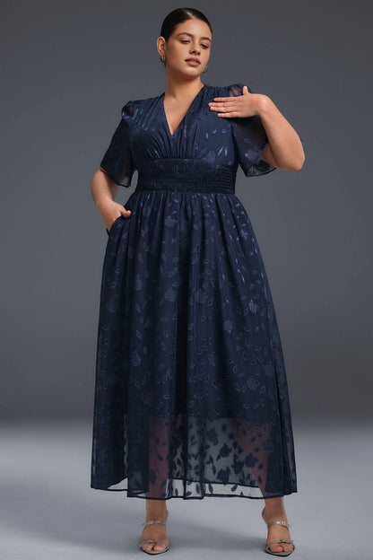 A-line Midi V-Neck Flutter-Sleeve Zip-Back Midi plus size Mother Of Bride Dress