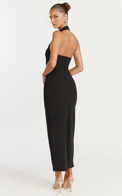 Elegant Sheath Halter Plunge Open Back Zipper Back Plus Size Slit Midi Wedding Guest Dress