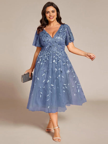 Roselledress Burgundy Leaf Sequin V-Neck Flutter Sleeve Zip Back Midi Plus Size Weeding Guest Dress