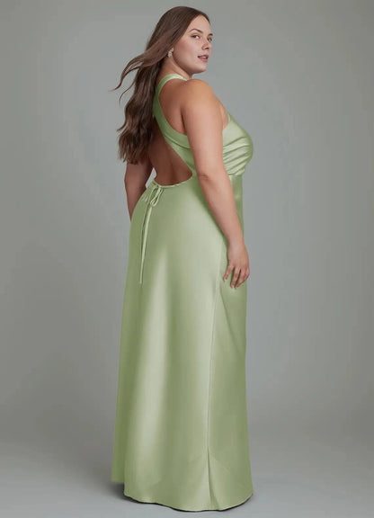 Chocolat Plus Sizee Satin Mermaid Halter Sleeveless Open Back Maxi Bridesmaid Dress