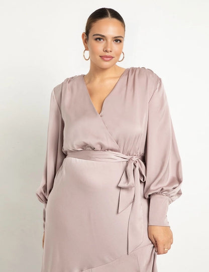 Roselledress Ruffle-Hem Long-Sleeve Satin Midi Plus Size Wedding Guest Dress