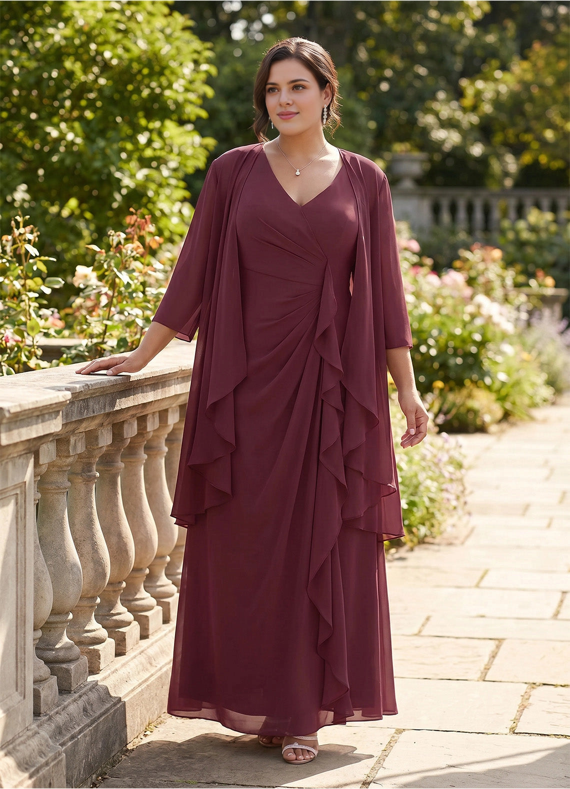 roselledress curvy burgundy two piece chiffon dress with matching jacket garden wedding long gown