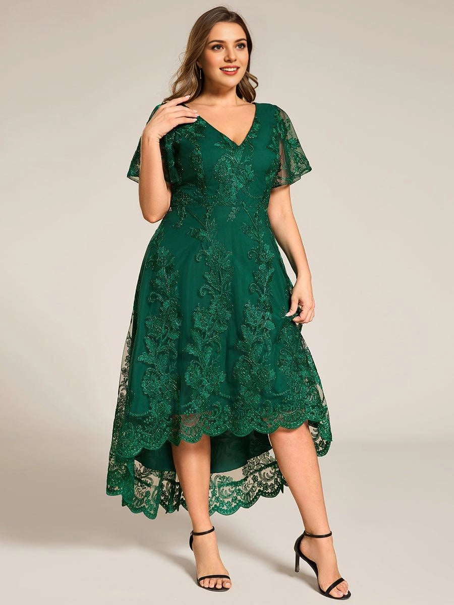 Roselledress High-Low A-Line V-Neck Flutter-Sleeve V-Zip-Back Midi Plus Size Weeding Guest Dress