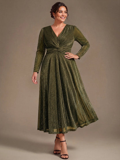 Roselledress Olive‑Green Plus‑Size Long‑Sleeve Twist‑Waist A‑Line Midi Mother of the Bride Dress