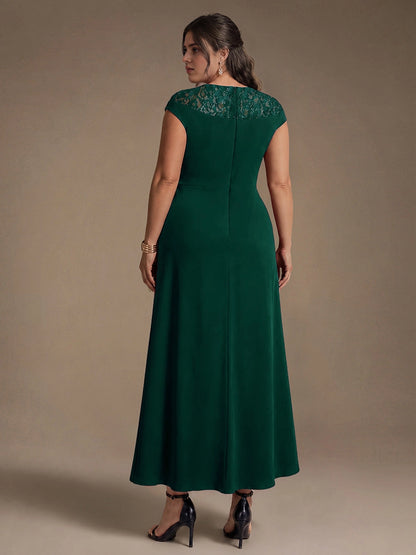 Roselledress Burgundy Sheath Round Lace Cap Sleeve Zip Back High Low Midi Plus Size Weeding Guest Dress