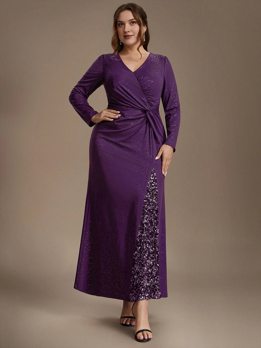 Plus Size Glitter V-Neck Long Sleeve Twist Slit Mermaid Wedding Guest Dress