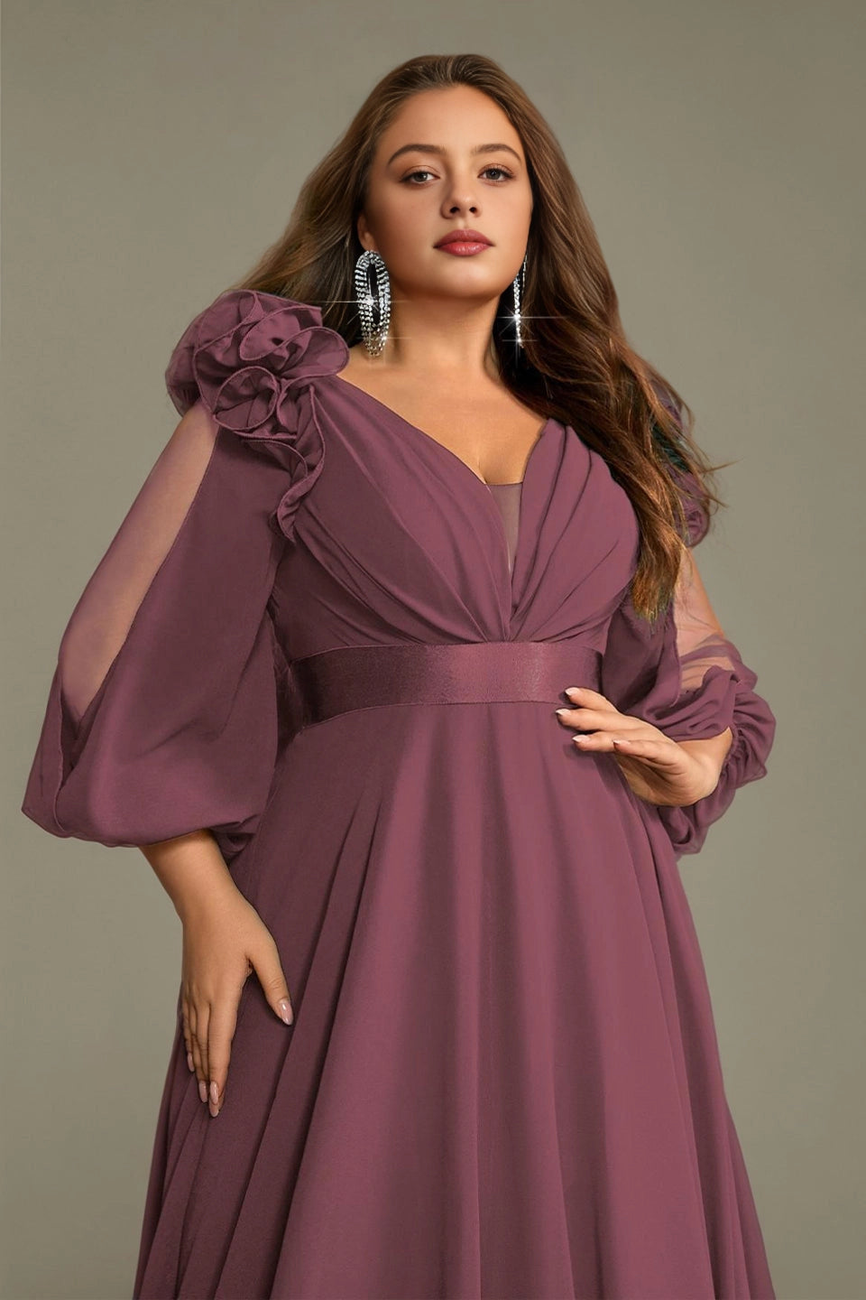 Flowy A-Line Deep V Split-Sleeve Zipper-Back Floor-Length Plus Size Burgundy Mother Of Bride Dress